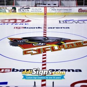 DDI Signs IceFab Mesh Ice Logos, Mesh In Ice Logos, IceFab Under Ice Mesh Logos, Mesh Ice Rink Graphics, Mesh In Ice Logos.